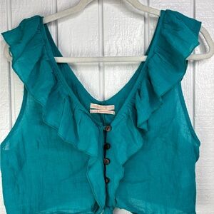 Urban Outfitters Women’s Teal Medium Ruffle Button Cropped Blouse